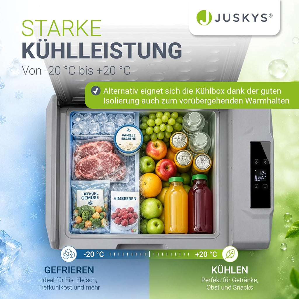 Kompressor Kühlbox 50 Liter 12/24/230V für Auto, LKW, Camping - Mini Kühlschrank kalt & warm, Steckdose, Grau