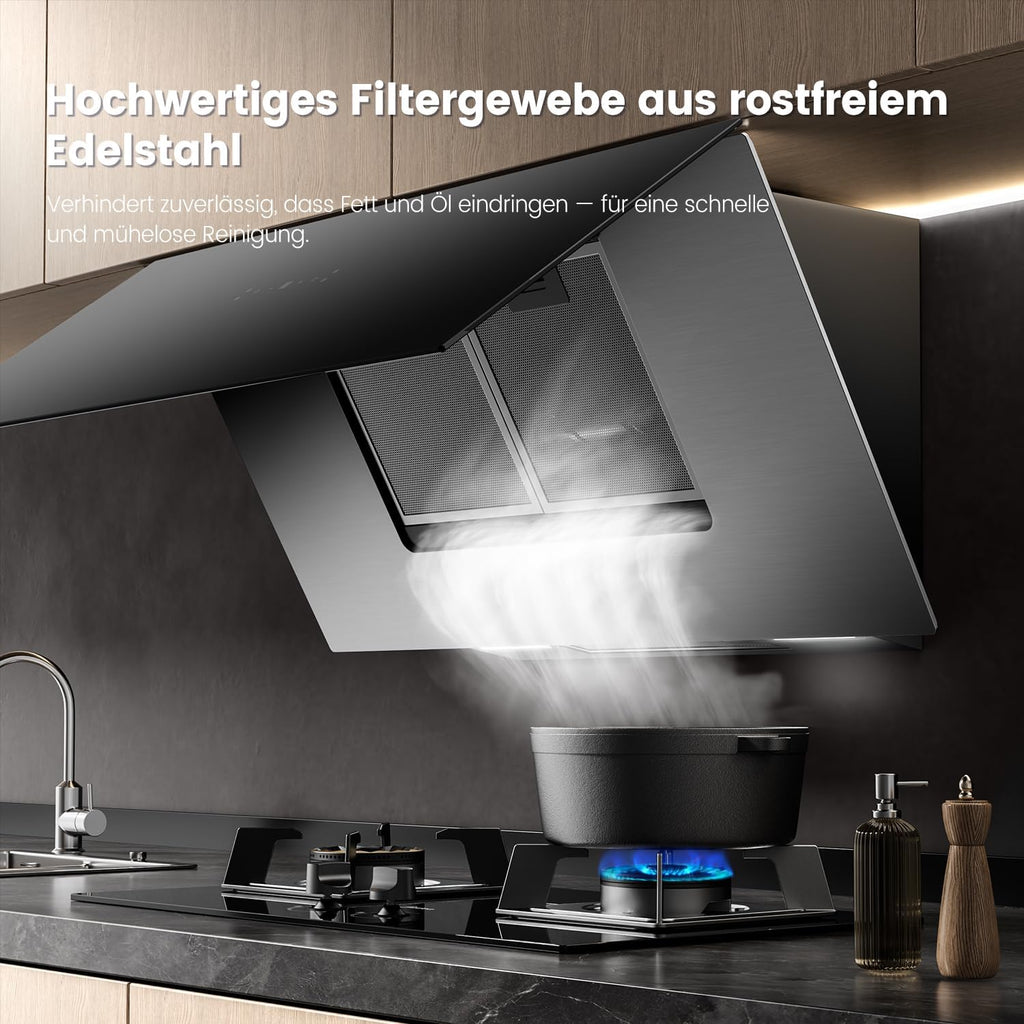 90 cm Dunstabzugshaube, 867m³/h Luftstrom, Kopffrei, Umluft & Abluft, Touchscreen, Gestensteuerung, 4 Geschwindigkeiten, 68dB, LED, ANGJ72B-90PRO-EU