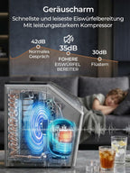 Eiswürfelmaschine Edelstahl, 24kg/24h, 24 Würfel in 10 Min., 3.2L Dual-Wasser, 40 dB leise, Timer + Selbstreinigung + Abtauen, für Hausbar/Partys