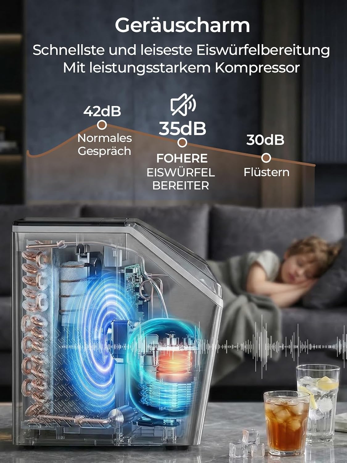 Eiswürfelmaschine Edelstahl, 24kg/24h, 24 Würfel in 10 Min., 3.2L Dual-Wasser, 40 dB leise, Timer + Selbstreinigung + Abtauen, für Hausbar/Partys