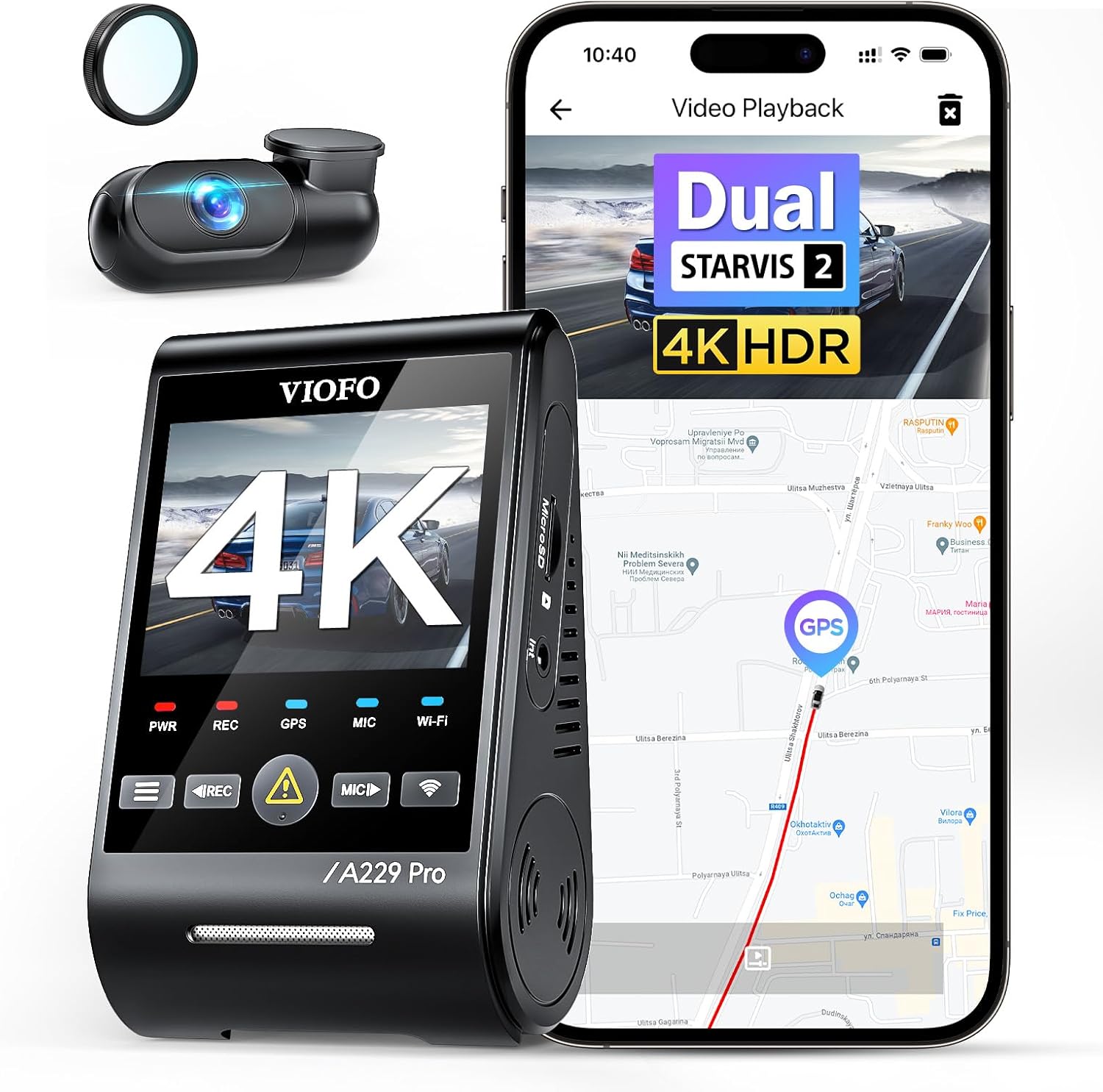 A229 Pro 4K+2K Dual STARVIS 2, HDR, Front+Rück-Dashcam, Sprachsteuerung/-ausgabe, 5GHz Wi-Fi, GPS+CPL, Super Nachtsicht 2.0, bis 512GB