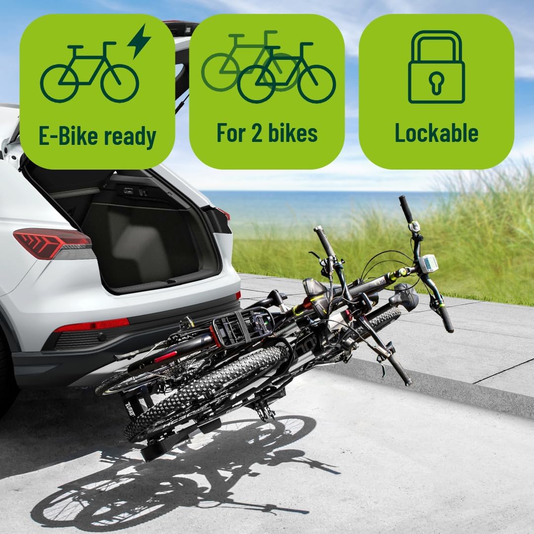 11521 Fahrradträger PREMIUM 2, E-Bike geeignet, komplett vormontiert, Diebstahlschutz, für 2 Fahrräder, für Anhängekupplung, Schwarz, Silber