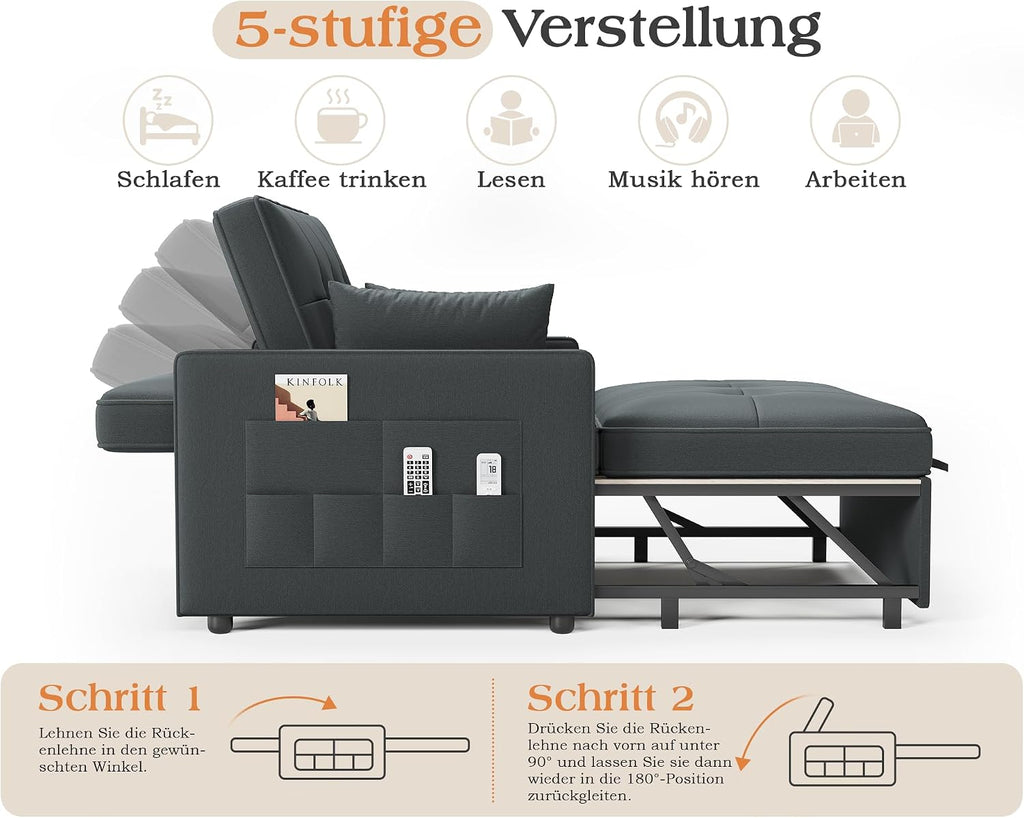 Schlafsofa 186x122cm mit 5-stufig verstellbarer Rückenlehne, 3-in-1 Schlafcouch mit Kissen & Seitentasche, graues Leinen für Gästezimmer & kleine Räume