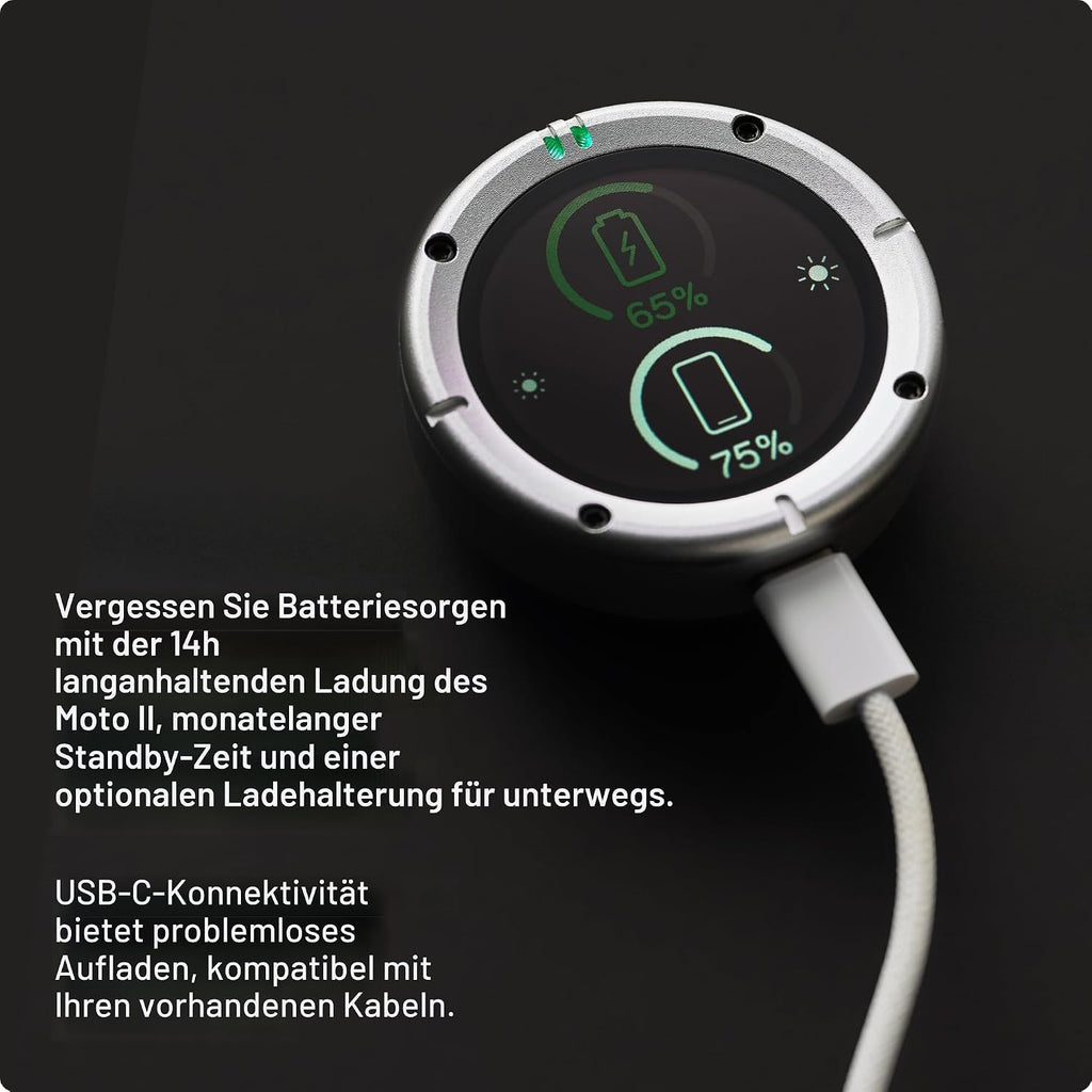 Moto II Navigationsgerät für Motorräder, globale Navigation, Minikarten, 14h Akku, IP67 wasser-/stoßfest, USB-C + Riemenhalterung