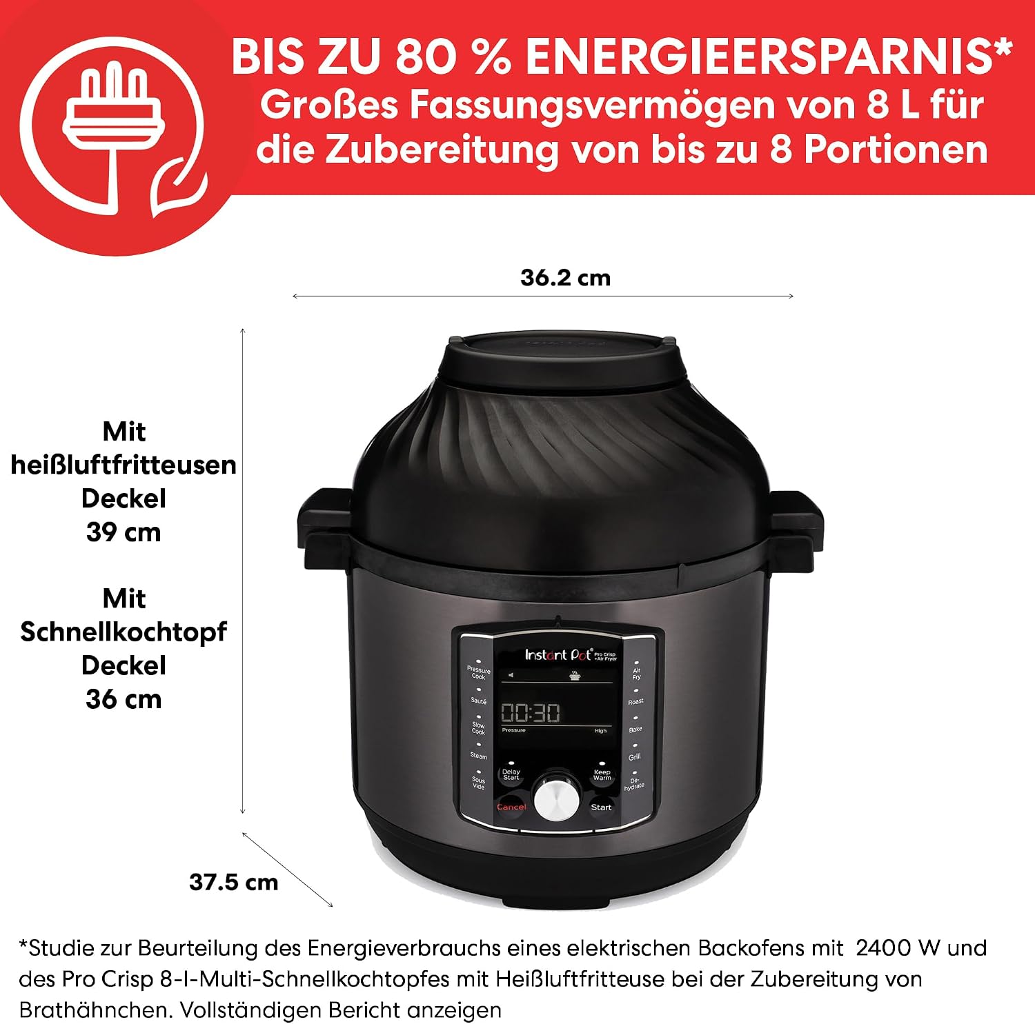 Pro Crisp 11-in-1, Heißluft, Schnellkochtopf, Slow Cooker, Dampfgarer, Grill, Dörren, Sous-Vide, 1500W, 7.6L, schwarz