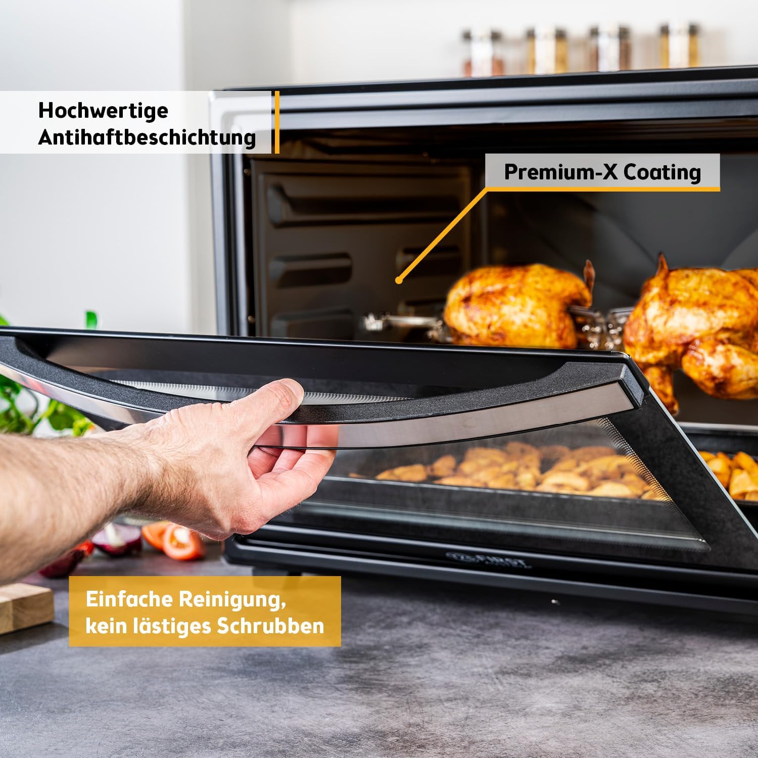 Minibackofen 60L 2000W - Pizzaofen & Backofen, Temperaturregelung bis 230°C, 6 Modi, 60 Min Timer, 4 Einschubhöhen, inkl. Backblech, Grillrost & Drehspieß