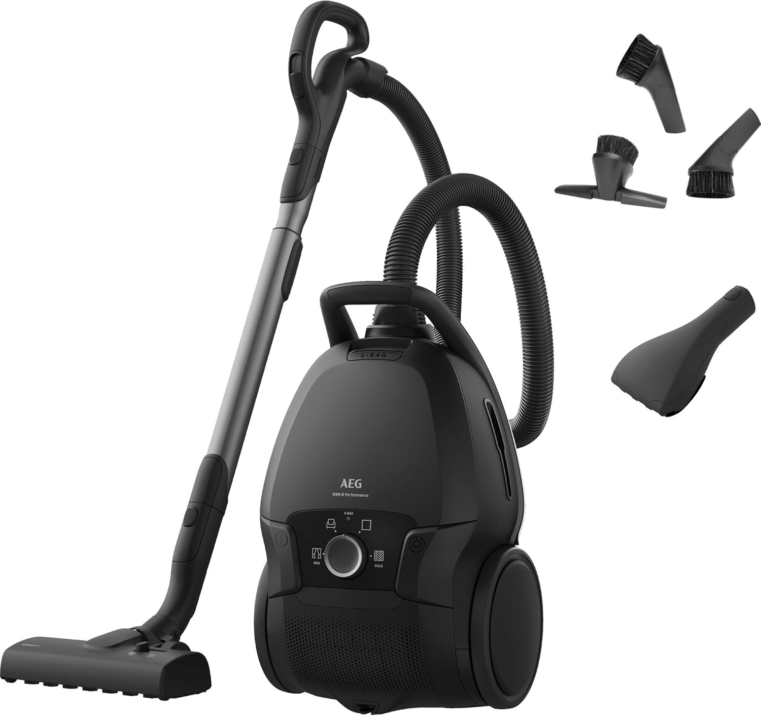 Staubsauger m. Beutel, 69 dB, HEPA, 5 L Beutel, Turbo-Düse für Tierhaare, 12 m, alle Böden, Zusatzdüsen, grau, VX9-5-EBR