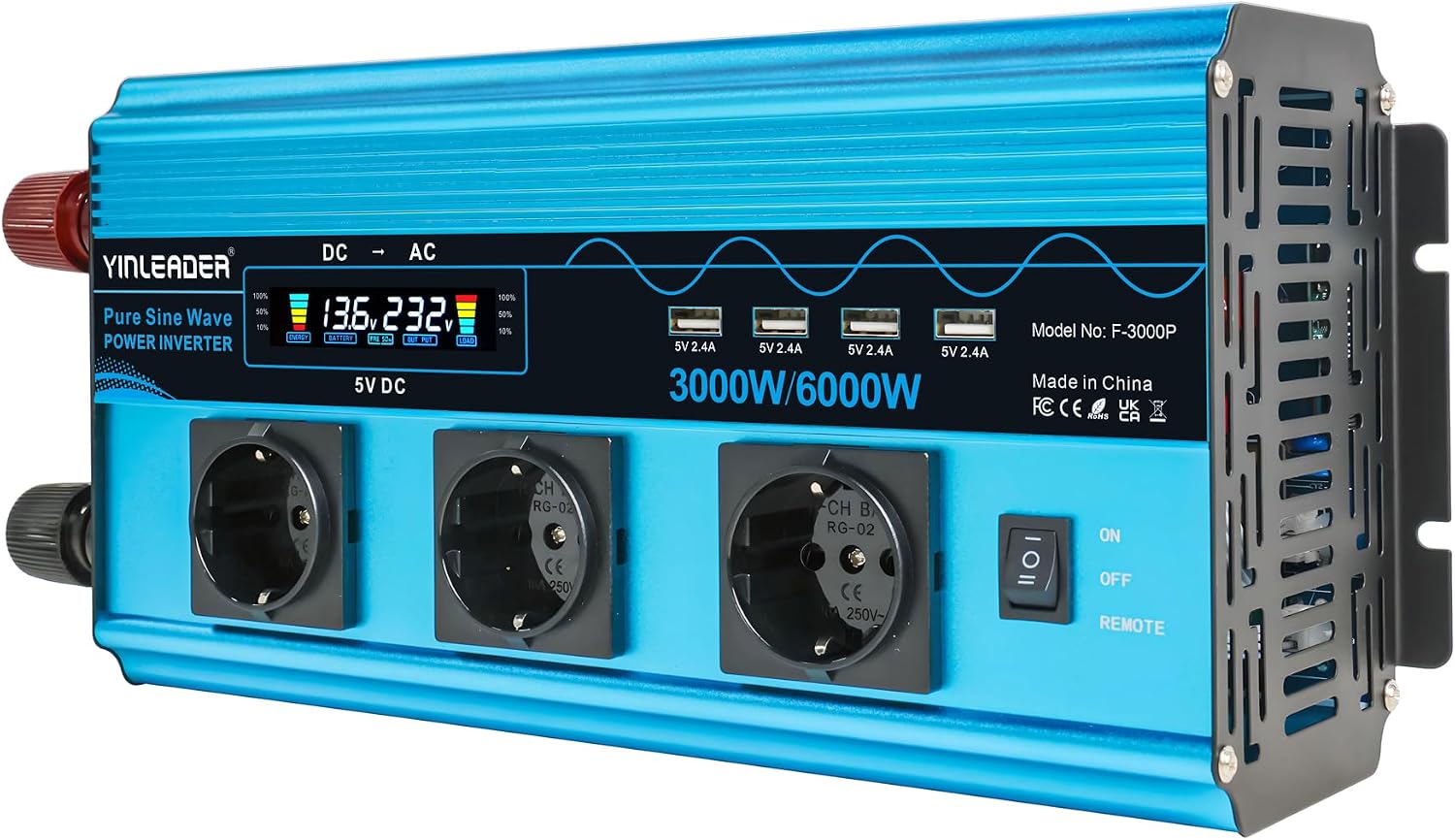 3000W/6000W Reiner Sinus Wechselrichter 12V 230V 3x EU-Steckdose 4x USB LCD-Spannungsanzeige