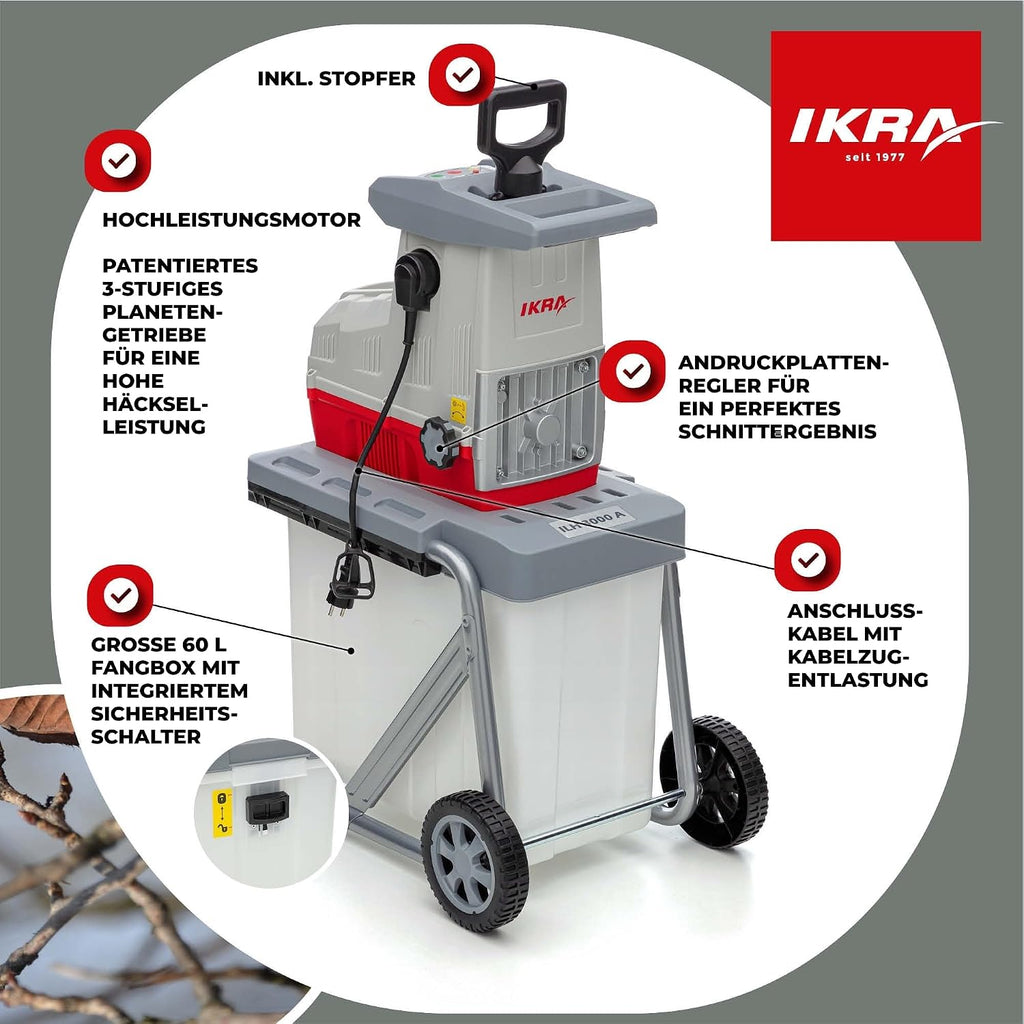 Elektro Gartenhäcksler Walzenhäcksler ILH 3000 A, leise robust wartungsarm, 3000W, Aststärke bis 44mm