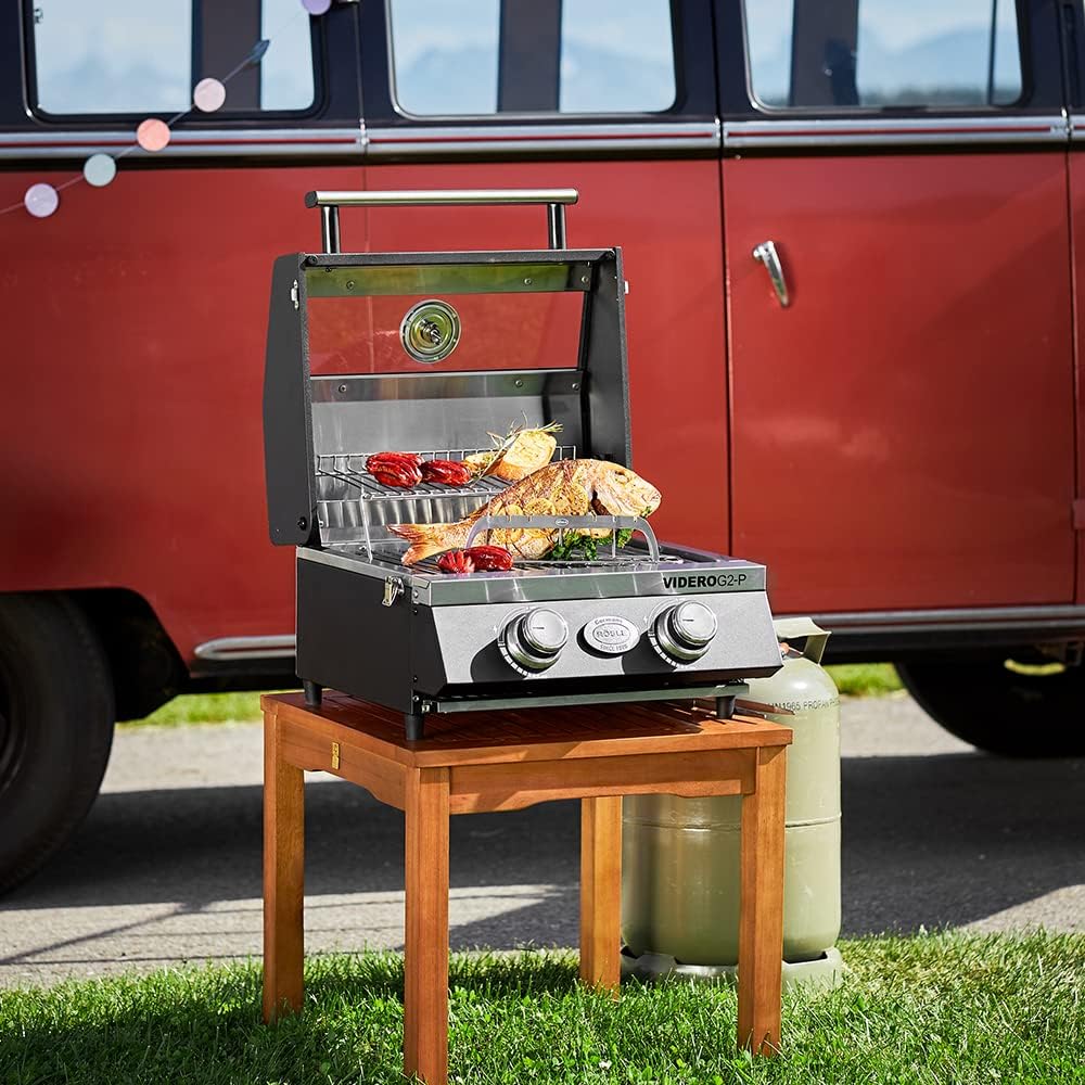 VIDERO G2-P Gasgrill, tragbarer Tischgrill, 2 Edelstahlbrenner, Warmhalterost, Deckel + Glas + Thermometer, pulverbeschichtet, 50 mbar, schwarz