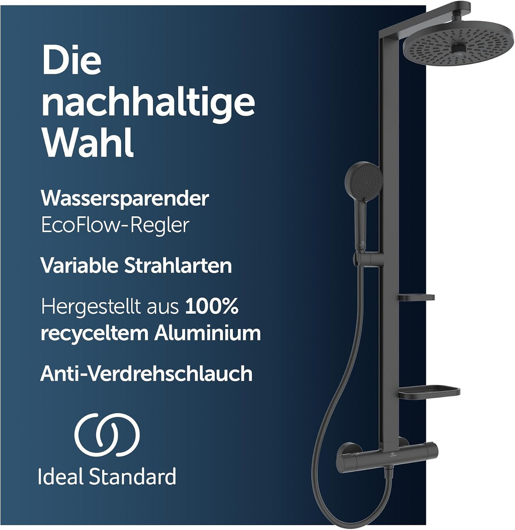 Ceratherm Alu+ Duschsystem, 100% recyceltes Aluminium, Wassersparende Brause, variable Strahlarten, Verbrühschutz, Schwarz Matt (356x501x1113 mm)