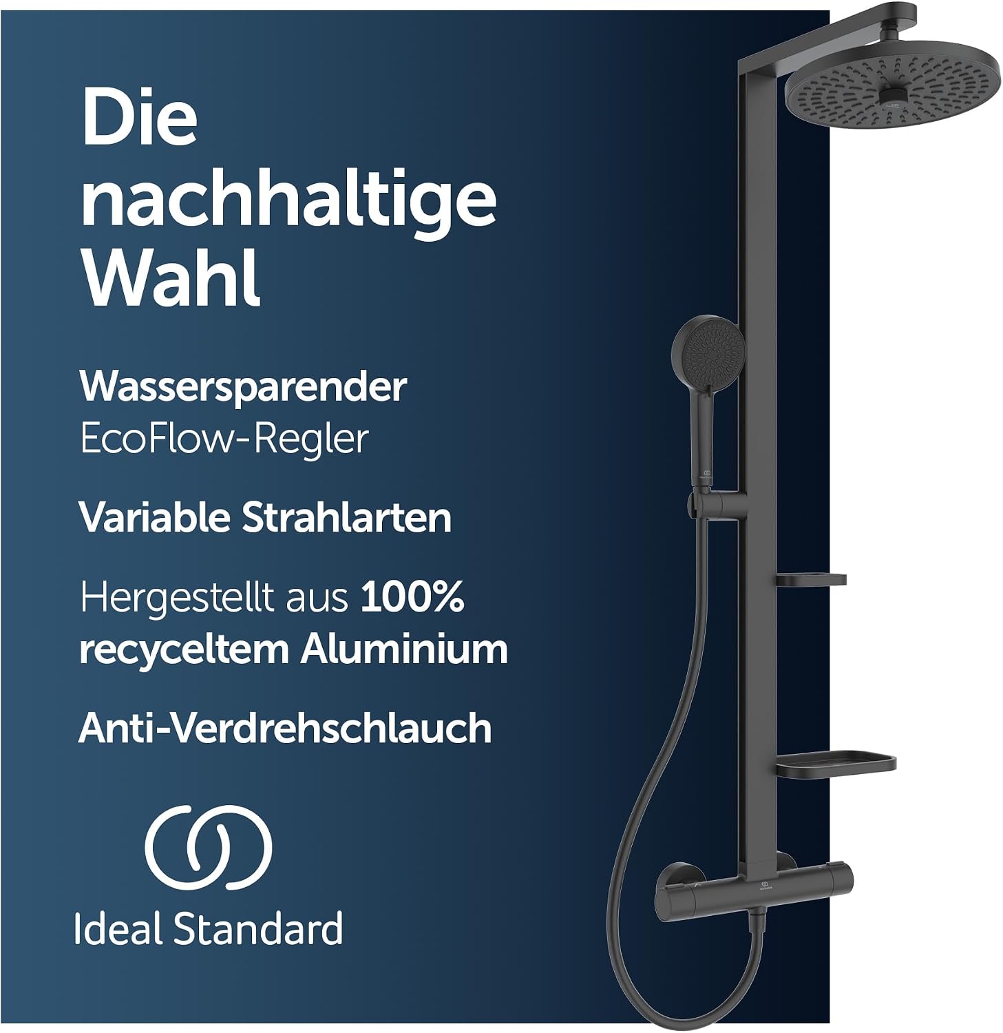 Ceratherm Alu+ Duschsystem, 100% recyceltes Aluminium, Wassersparende Brause, variable Strahlarten, Verbrühschutz, Schwarz Matt (356x501x1113 mm)