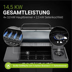 BBQ Gasgrill Savannah - 4 Brenner + 1 Seitenbrenner - XXL Stahl Gas Grill mit Gusseisen Grillrost, Kochfeld, Unterschrank für Gasflasche