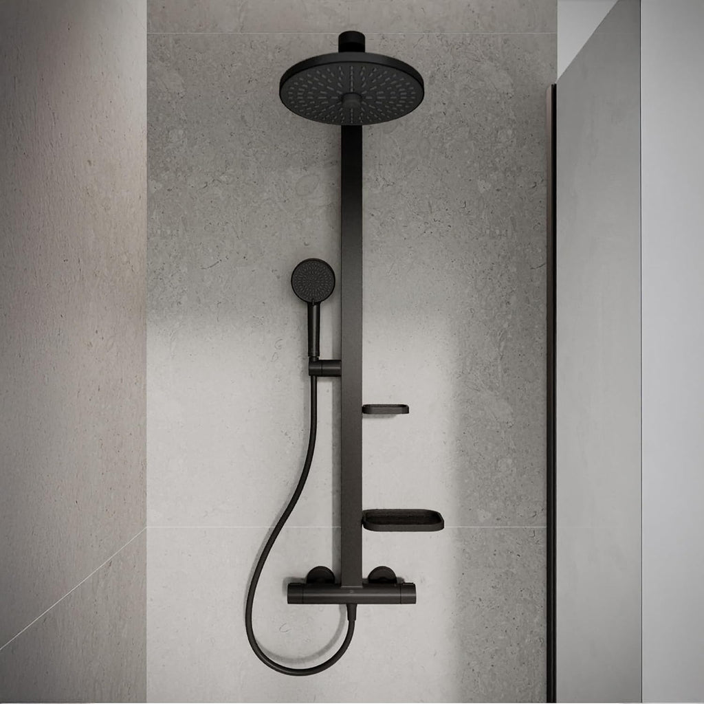 Ceratherm Alu+ Duschsystem, 100% recyceltes Aluminium, Wassersparende Brause, variable Strahlarten, Verbrühschutz, Schwarz Matt (356x501x1113 mm)