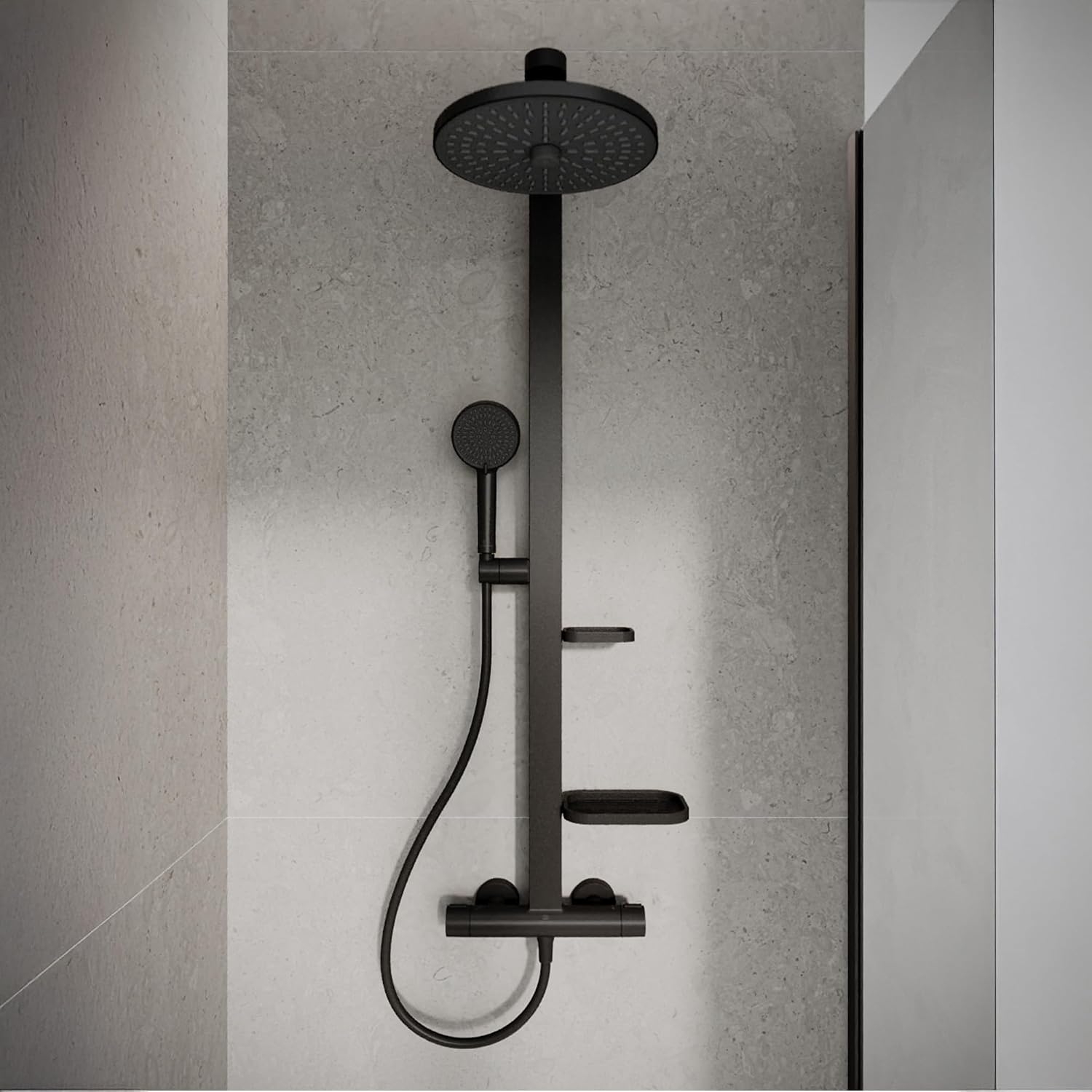 Ceratherm Alu+ Duschsystem, 100% recyceltes Aluminium, Wassersparende Brause, variable Strahlarten, Verbrühschutz, Schwarz Matt (356x501x1113 mm)