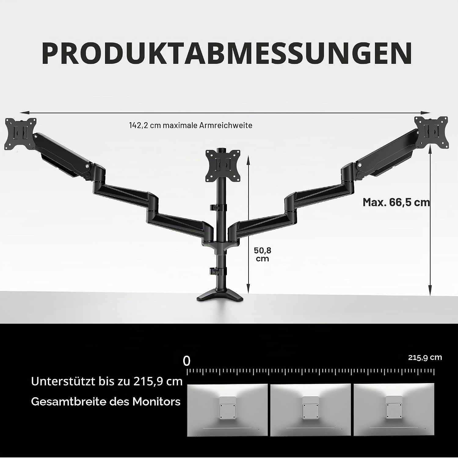Monitorhalterung 3 Monitore für 17-32 Zoll, höhenverstellbar, bis 8 kg pro Arm, Schwarz Gaming
