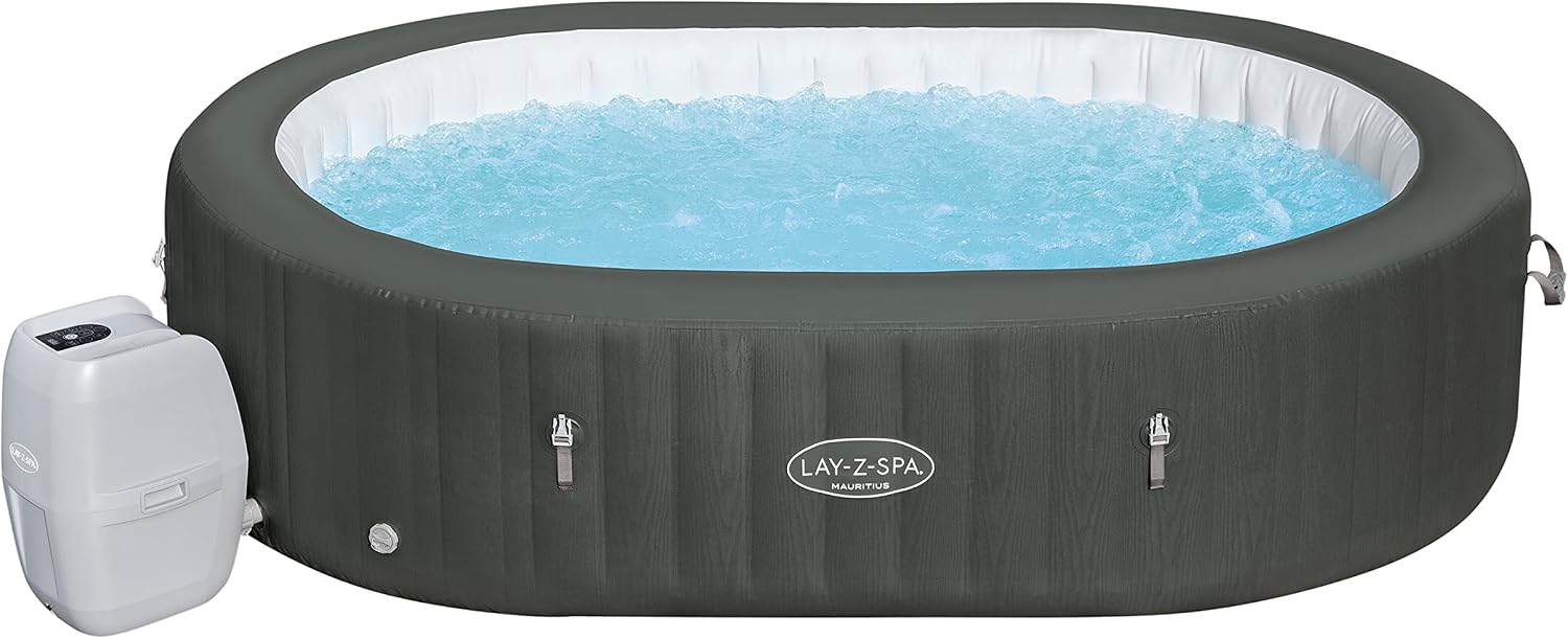 Lay-Z-Spa Mauritius XXL-Whirlpool für 7 Personen, 270x180x71 cm, 180 AirJet-Düsen, Heizung bis 40°C, App-Steuerung, Holz-Optik Basaltgrau, 1.370 L