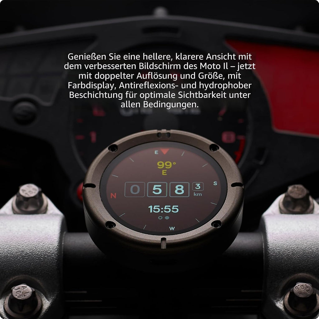 Moto II Navigationsgerät für Motorräder, globale Navigation, Minikarten, 14h Akku, IP67 wasser-/stoßfest, USB-C + Riemenhalterung