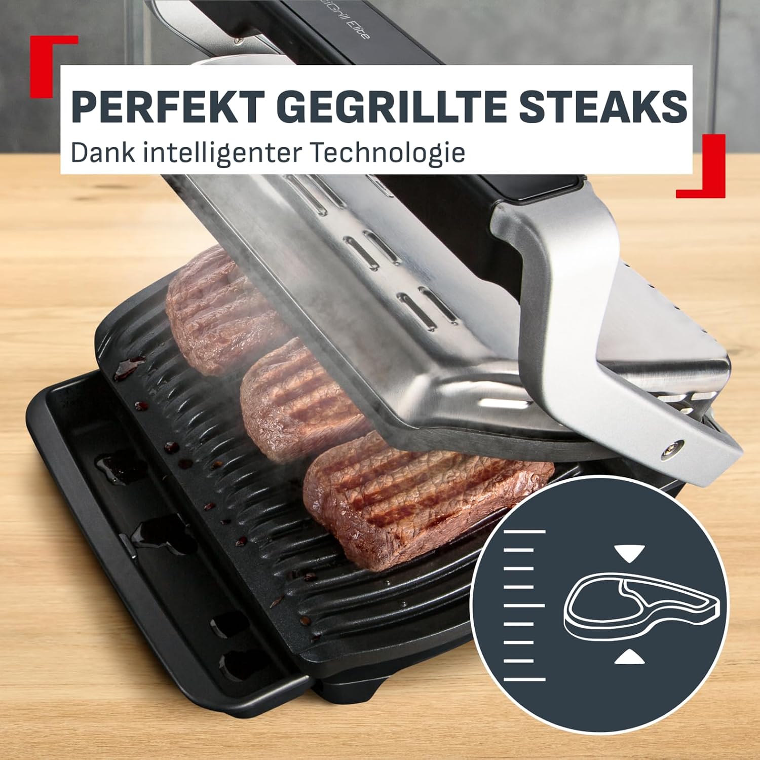 OptiGrill Elite XL Kontaktgrill, 16 Programme, digitales Display, Garstufenanzeige, XL-Platten, Grillboost, intuitiv, Edelstahl, GC760D12