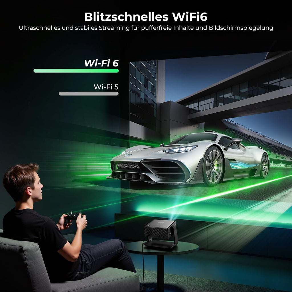 Mini Beamer 4K Native 1080P, 28000 Lumen, WLAN 6, Bluetooth, Elektrischer Fokus, 4D Keystone, Kompatibel mit Netflix, Heimkino & Outdoor
