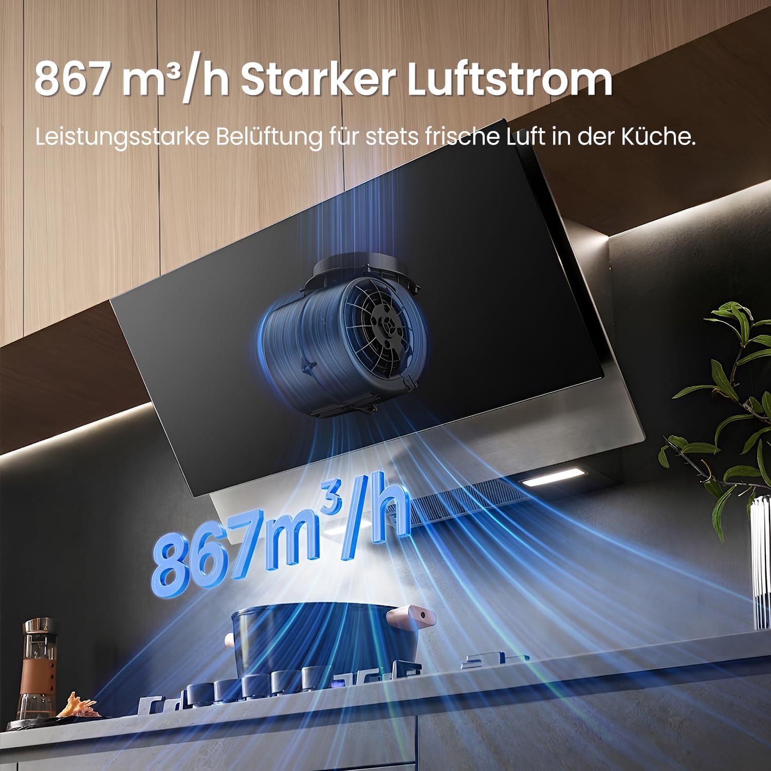 90 cm Dunstabzugshaube, 867m³/h Luftstrom, Kopffrei, Umluft & Abluft, Touchscreen, Gestensteuerung, 4 Geschwindigkeiten, 68dB, LED, ANGJ72B-90PRO-EU