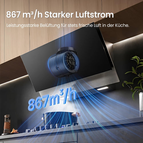 90 cm Dunstabzugshaube, 867m³/h Luftstrom, Kopffrei, Umluft & Abluft, Touchscreen, Gestensteuerung, 4 Geschwindigkeiten, 68dB, LED, ANGJ72B-90PRO-EU