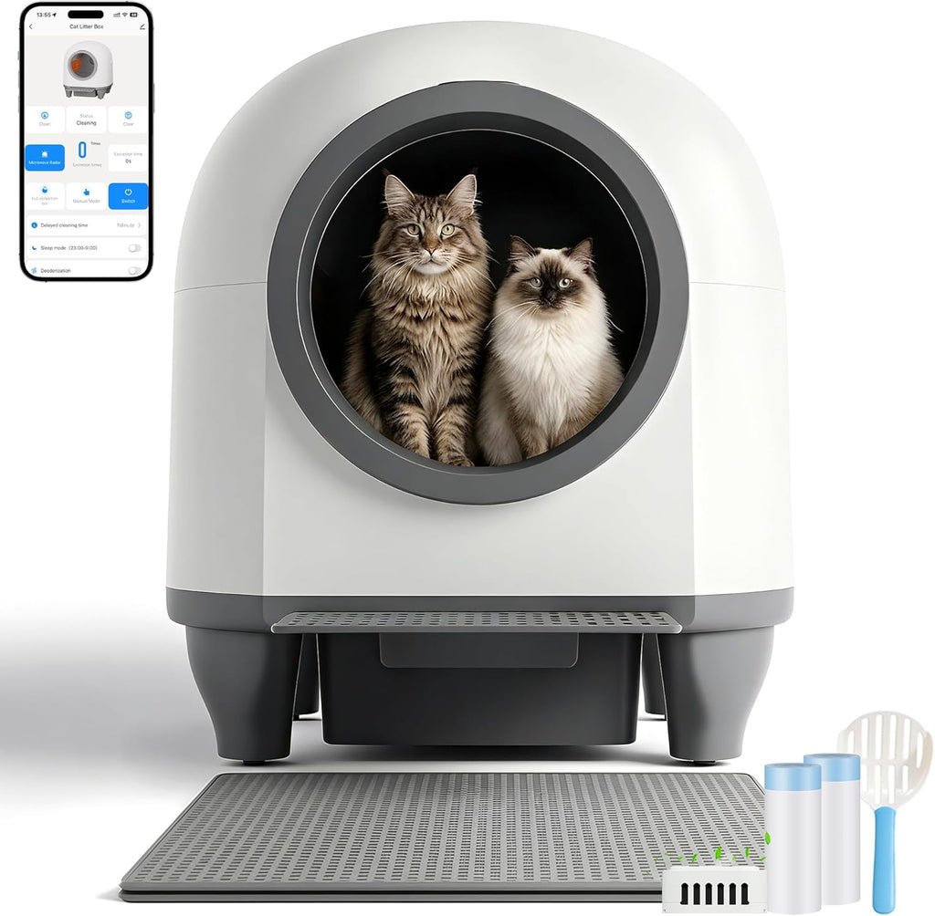Selbstreinigende Katzentoilette 90L, mit niedrigem Einstieg/großem Raum/Geruchsentferner, APP-gesteuert, Sicherheitssensor, inklusive Katzenmatte