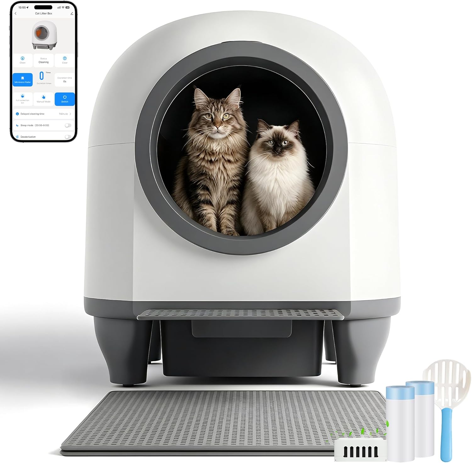 Selbstreinigende Katzentoilette 90L, mit niedrigem Einstieg/großem Raum/Geruchsentferner, APP-gesteuert, Sicherheitssensor, inklusive Katzenmatte