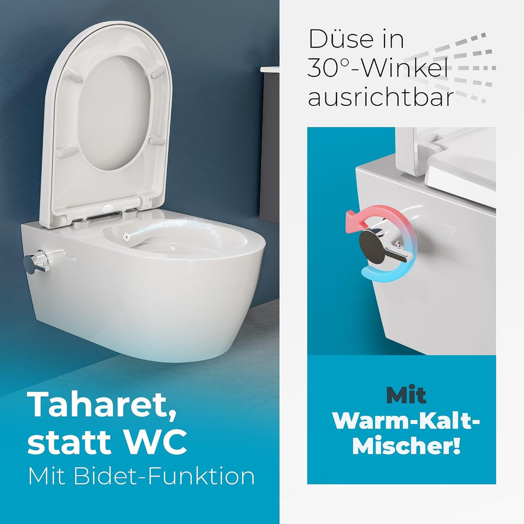 Dusch-WC mit Armatur, Hänge-WC spülrandlos, Bidet-Funktion (Taharet), Softclose-Absenkautomatik, Nanobeschichtung, Kalt- & Warmwasseranschluss