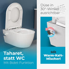 Dusch-WC mit Armatur, Hänge-WC spülrandlos, Bidet-Funktion (Taharet), Softclose-Absenkautomatik, Nanobeschichtung, Kalt- & Warmwasseranschluss