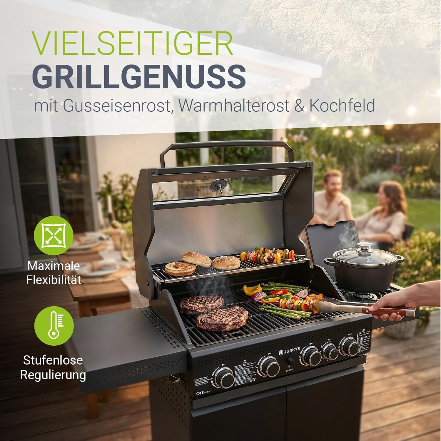 BBQ Gasgrill Savannah - 4 Brenner + 1 Seitenbrenner - XXL Stahl Gas Grill mit Gusseisen Grillrost, Kochfeld, Unterschrank für Gasflasche