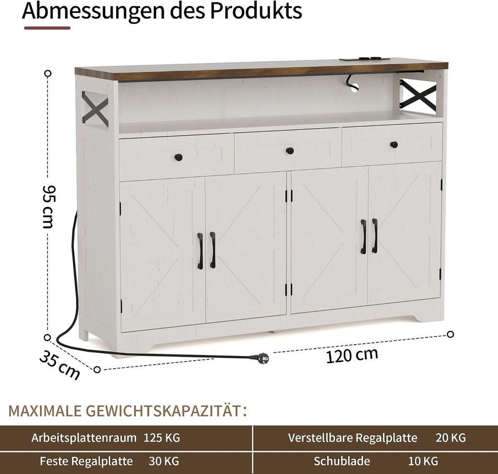 Sideboard mit Schubladen und offenem Regal, Küchenschrank, Anrichte, Kaffeebar Schrank, 130x35x95cm, Cremeweiß in Holzoptik