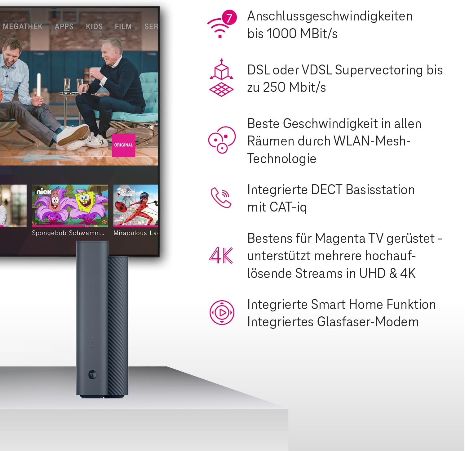 Speedport 7 Wi-Fi 7 Router mit Glasfaser-Modem | Bis zu 6.760 Mbit/s | Mesh & SmartHome Basis integriert | Ideal für Entertain TV in UHD & 4K