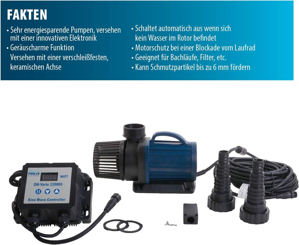 DM-22000 Vario S Regelbare Teichpumpe, 70-200W, ext. Controller, 22.000 l/h, 7,5m Förderhöhe, für Filter/Bachlauf/Wasserfall