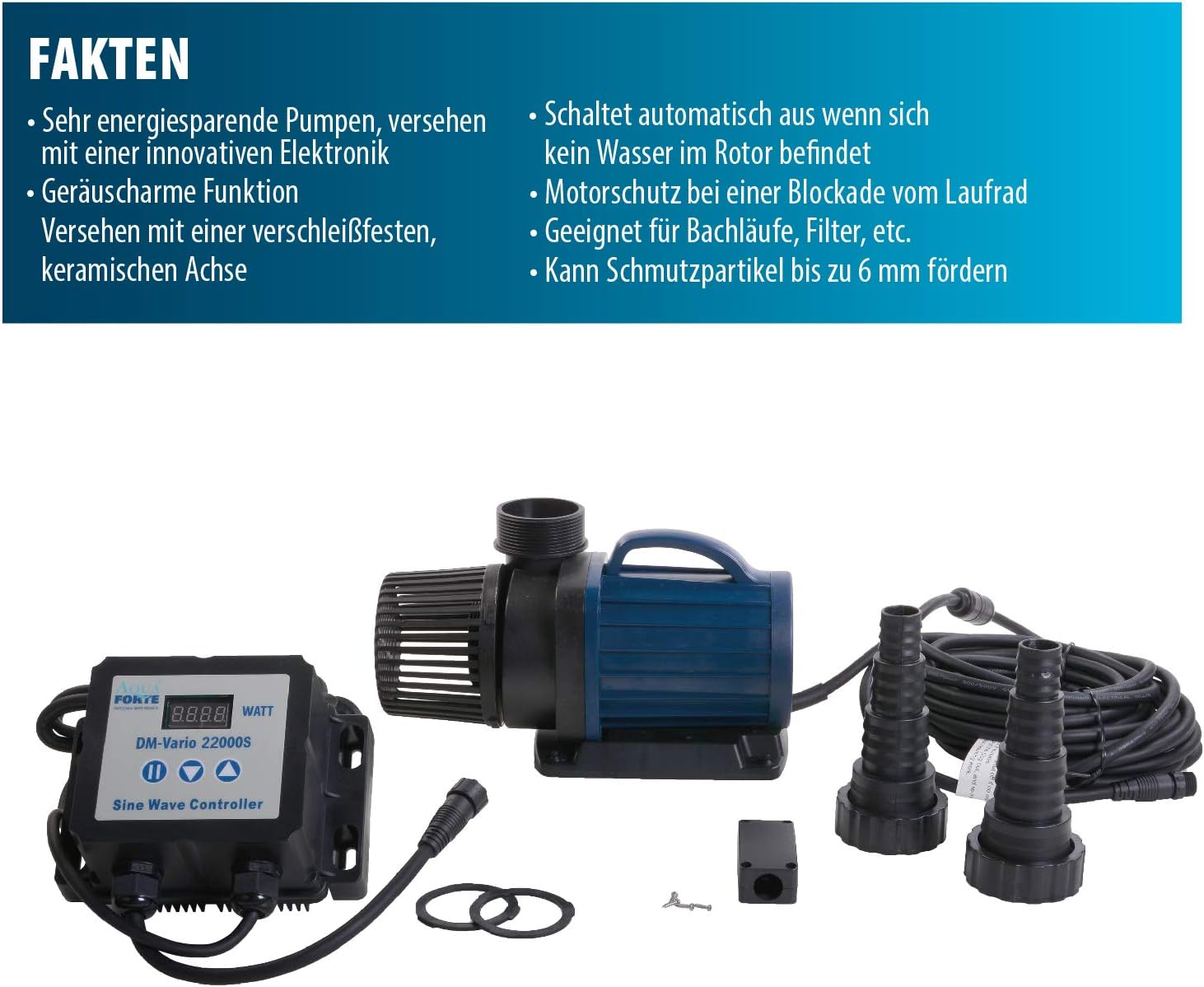 DM-22000 Vario S Regelbare Teichpumpe, 70-200W, ext. Controller, 22.000 l/h, 7,5m Förderhöhe, für Filter/Bachlauf/Wasserfall