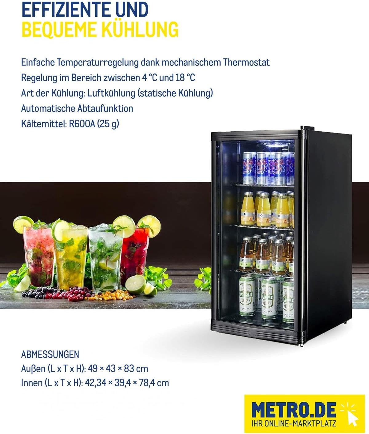 Mini-Kühlschrank 88 L GPC1088, 1.052 kWh/24h, 3 Edelstahl-Drahtböden, schwarz