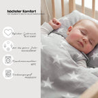Babybett Set Little Stars 70x140 cm, mitwachsendes Kinderbett mit umbaubarem Design, inkl. Sterne-Textilien, höhenverstellbar, Holz weiß