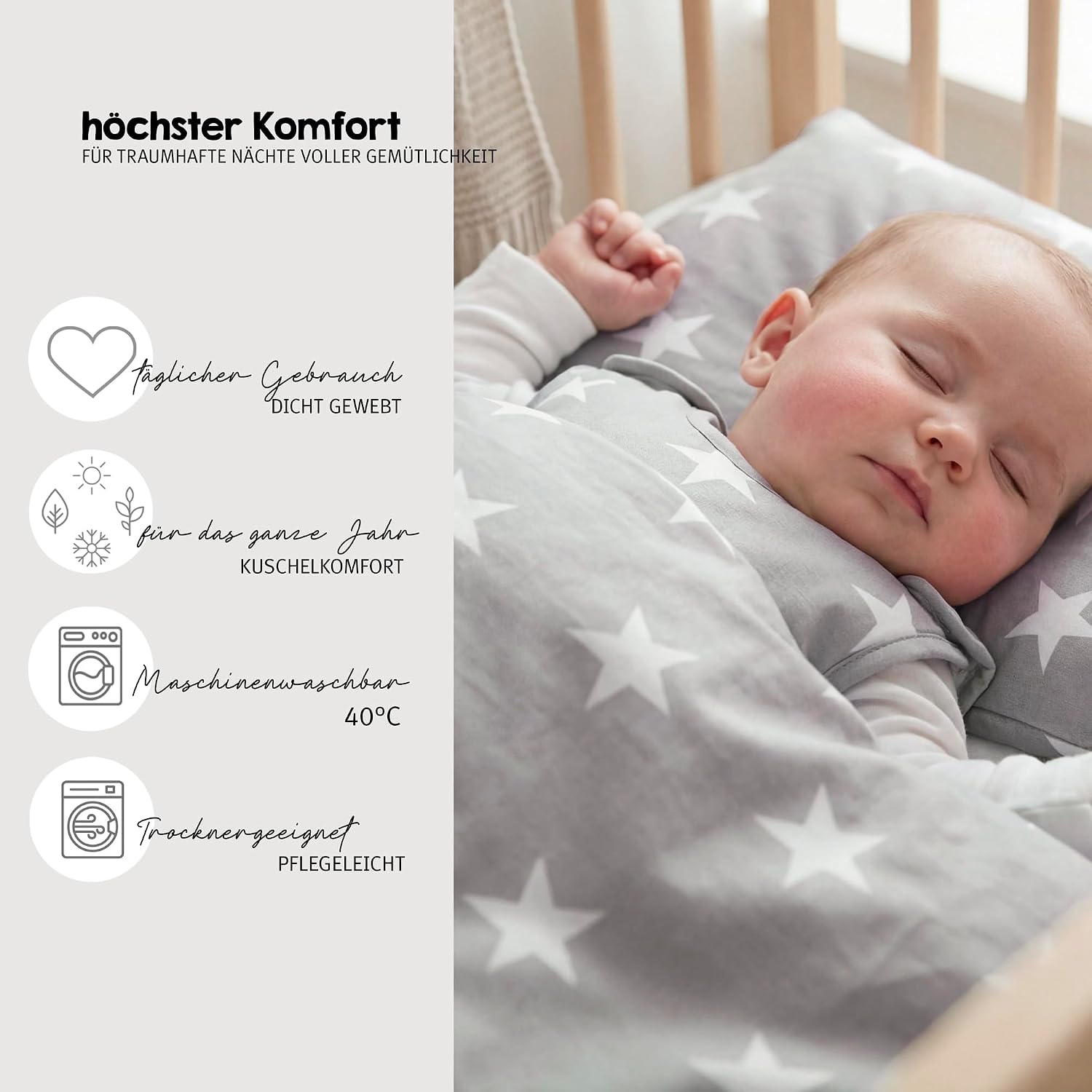 Babybett Set Little Stars 70x140 cm, mitwachsendes Kinderbett mit umbaubarem Design, inkl. Sterne-Textilien, höhenverstellbar, Holz weiß