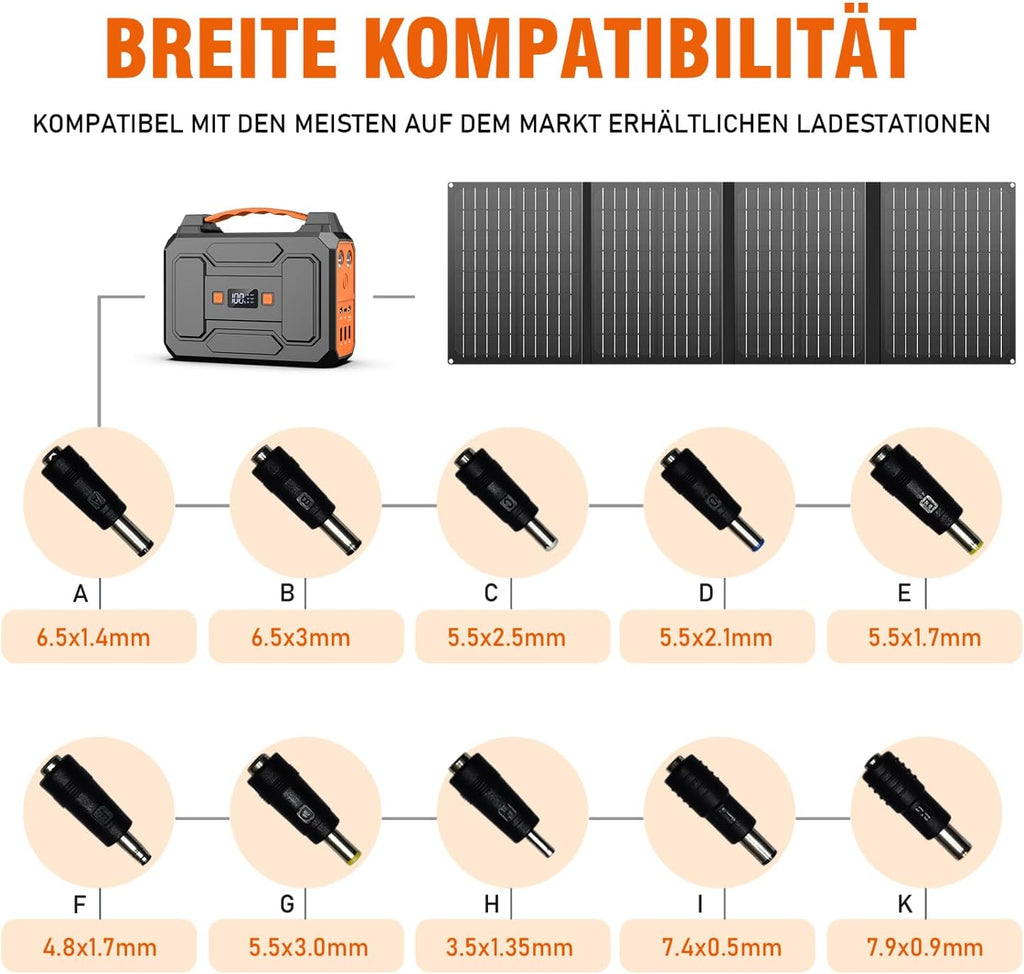 Powerstation 99Wh + 40W Solarpanel, 100W Solargenerator, 230V AC, 18W USB-A/C, für Wohnmobil/Camping, schwarz-orange