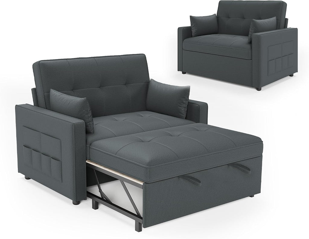 Schlafsofa 186x122cm mit 5-stufig verstellbarer Rückenlehne, 3-in-1 Schlafcouch mit Kissen & Seitentasche, graues Leinen für Gästezimmer & kleine Räume