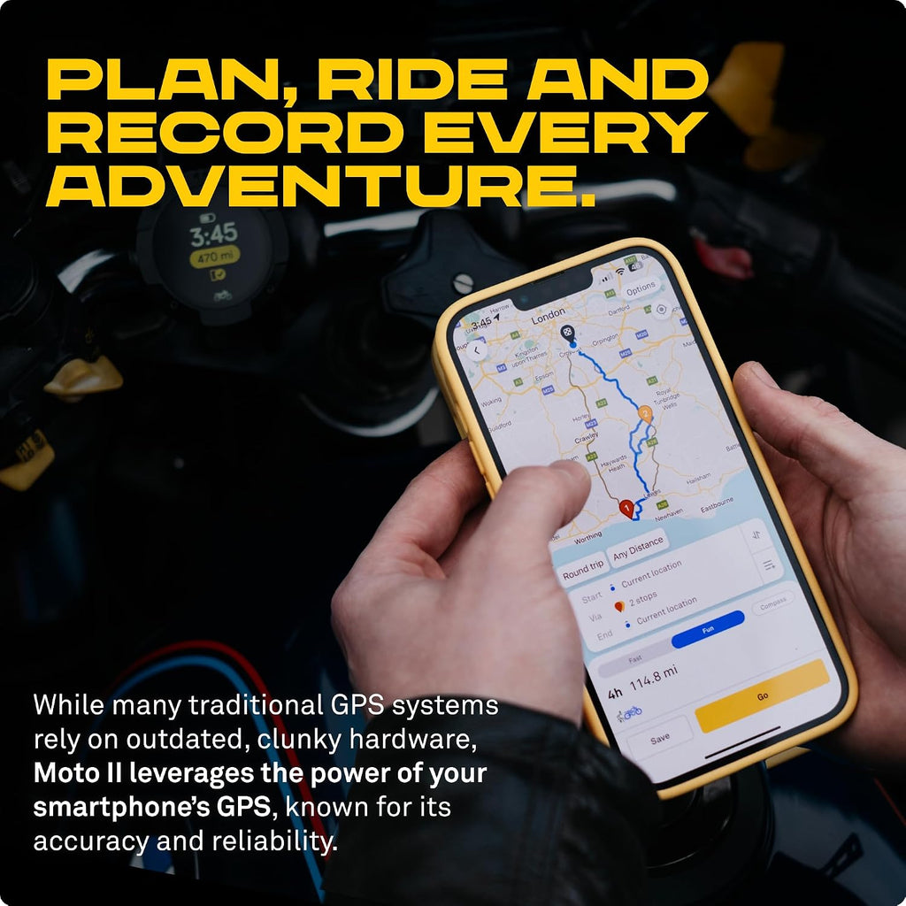 Moto II Navigationsgerät für Motorräder, globale Navigation, Minikarten, 14h Akku, IP67 wasser-/stoßfest, USB-C + Riemenhalterung