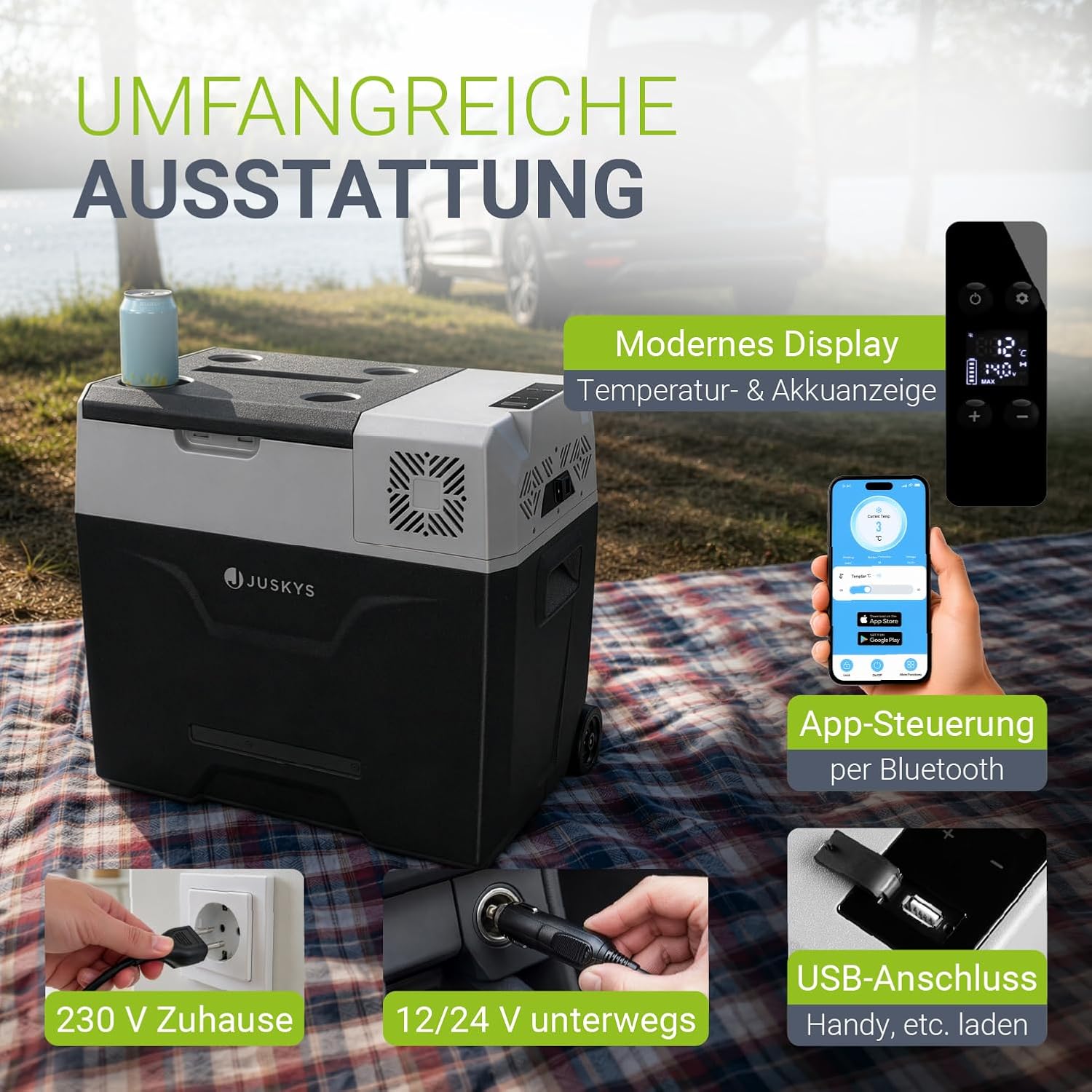 Kompressor Kühlbox 50 Liter 12/24/230V für Auto, LKW, Camping - Mini Kühlschrank kalt & warm, Steckdose, Grau