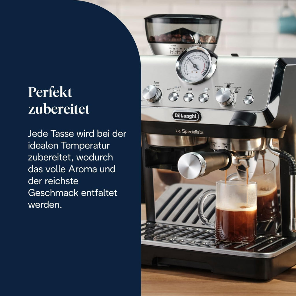 La Specialista Arte EC9155.MB, Mahlwerk, 8 Stufen, 15 Bar, 3 Temp., Milchschaumdüse, 1550W, 1,7L, Edelstahl/schwarz, inkl. Kit