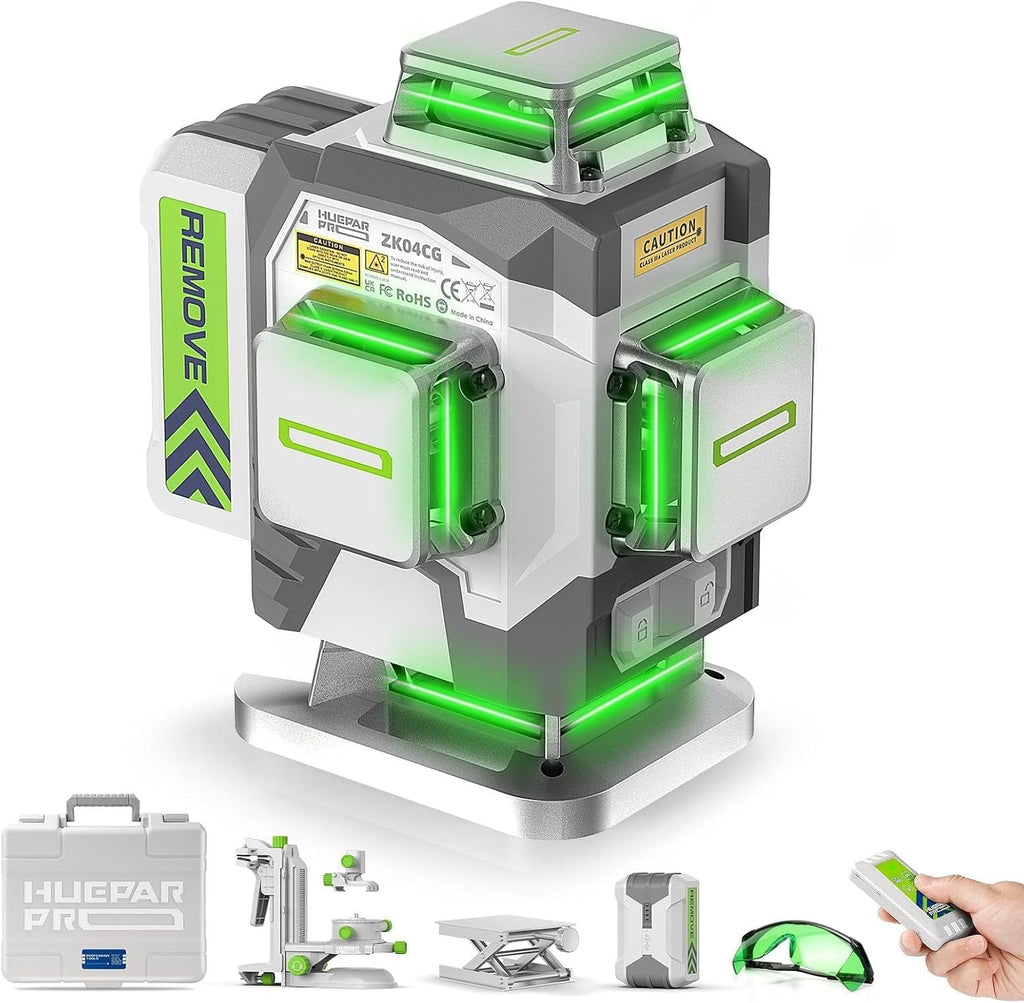 Hochpräziser 4*360 Grad Selbstnivellierend Grün 4D Kreuzlinienlaser, 8000mAh Li-Ion Akku, Fernsteuerung, Hartschalenkoffer ZK04CG