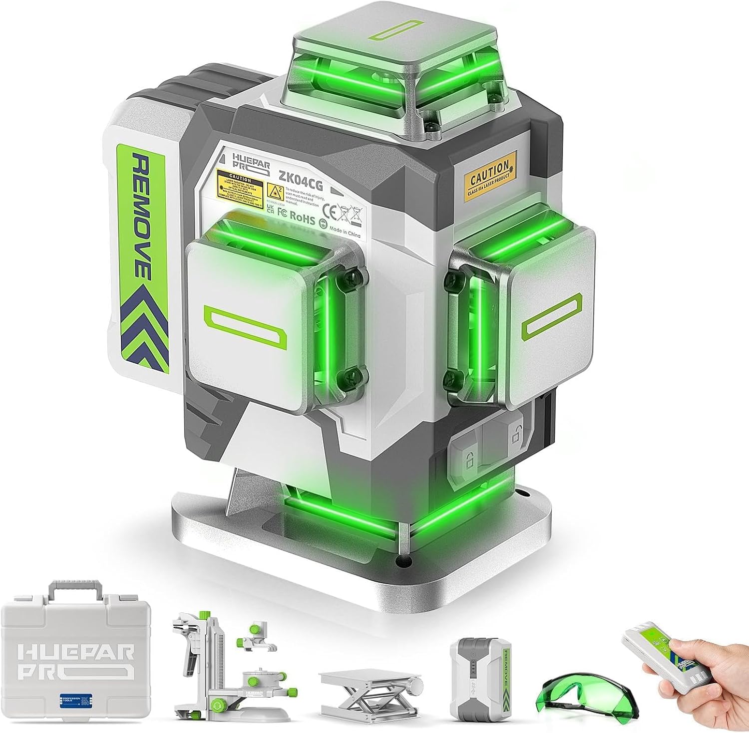 Hochpräziser 4*360 Grad Selbstnivellierend Grün 4D Kreuzlinienlaser, 8000mAh Li-Ion Akku, Fernsteuerung, Hartschalenkoffer ZK04CG
