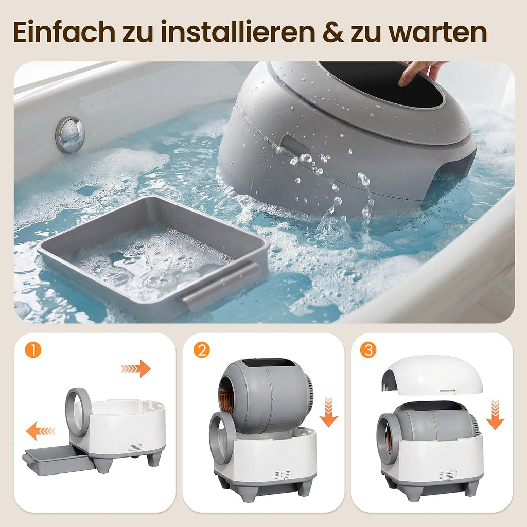 Selbstreinigende Katzentoilette 90L, mit niedrigem Einstieg/großem Raum/Geruchsentferner, APP-gesteuert, Sicherheitssensor, inklusive Katzenmatte