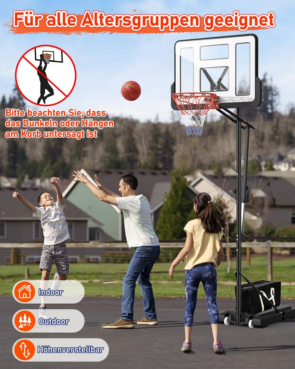 Outdoor Basketballkorb, 145-305cm EIN-Knopf-Schnellverstellung, 110x75cm Rückwand, mit Gewichtssack, für Kinder, Jugendliche & Erwachsene