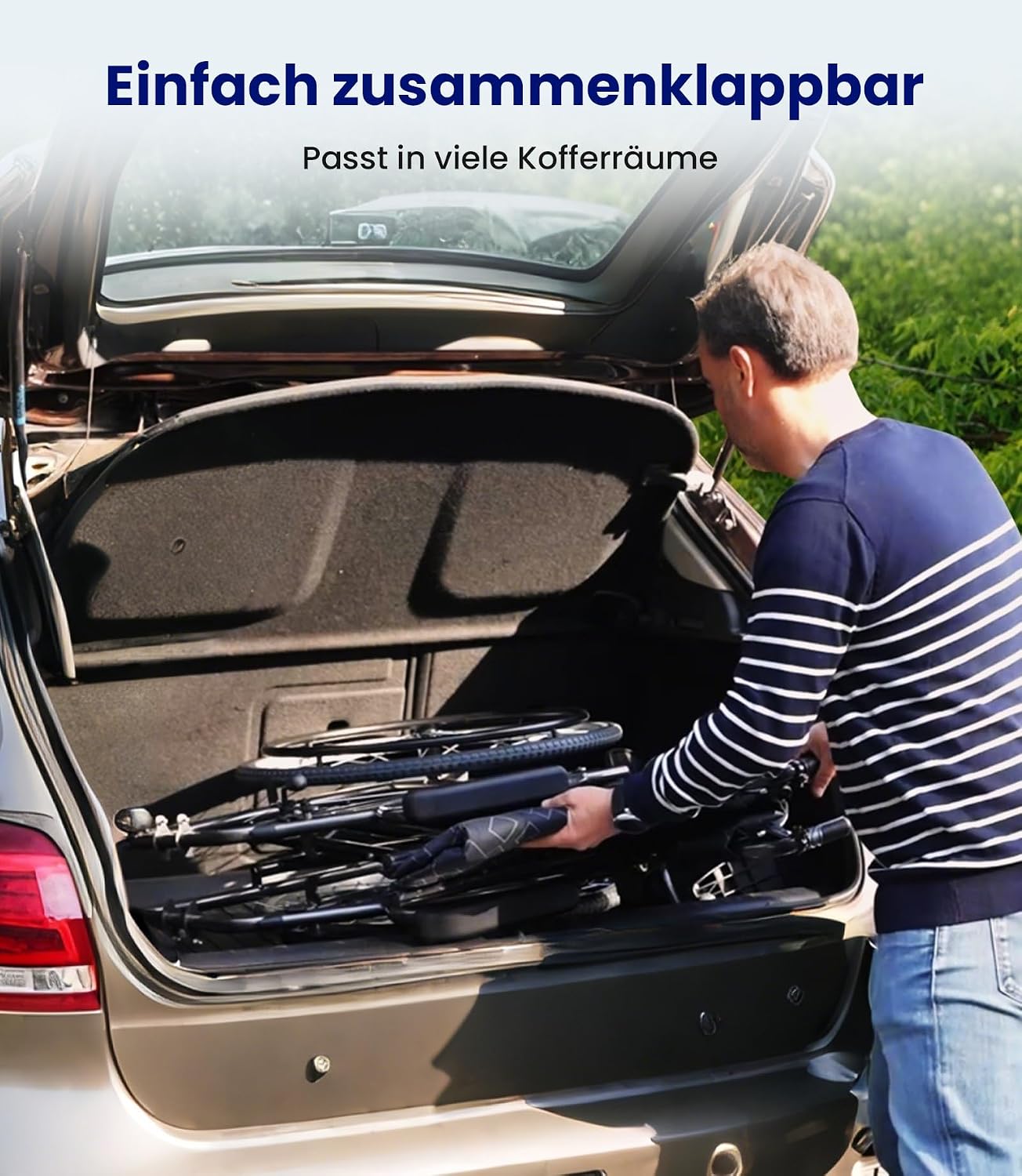Leichter faltbarer Rollstuhl bis 150 kg, 17 kg, Doppelbremsen, Selbstantrieb, pannensichere Reifen für Erwachsene (Hellgrau)