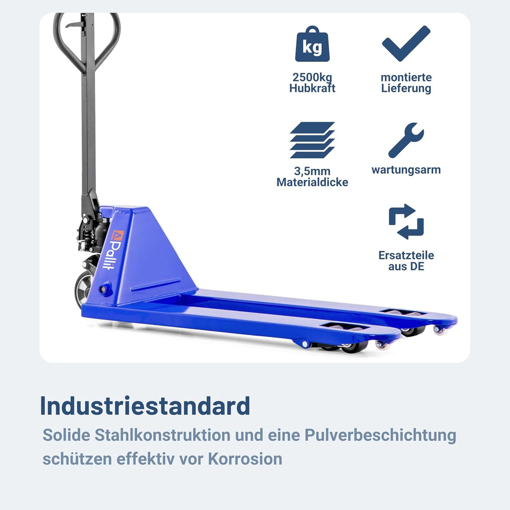 Hubwagen 2500 kg aus Stahl 1150 mm Gabellänge Five-R Gummirollen Gabelhubwagen Handhubwagen Palettenwagen Blau