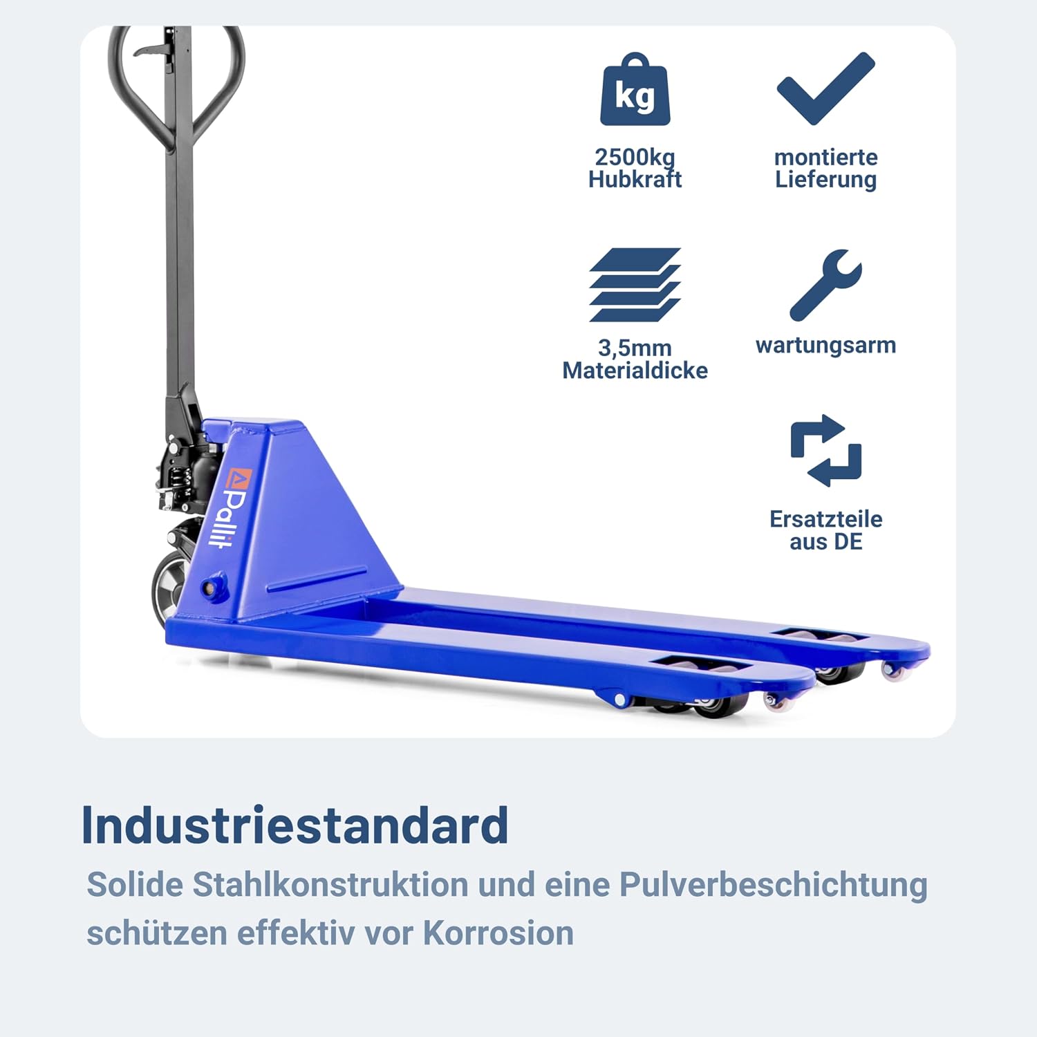 Hubwagen 2500 kg aus Stahl 1150 mm Gabellänge Five-R Gummirollen Gabelhubwagen Handhubwagen Palettenwagen Blau